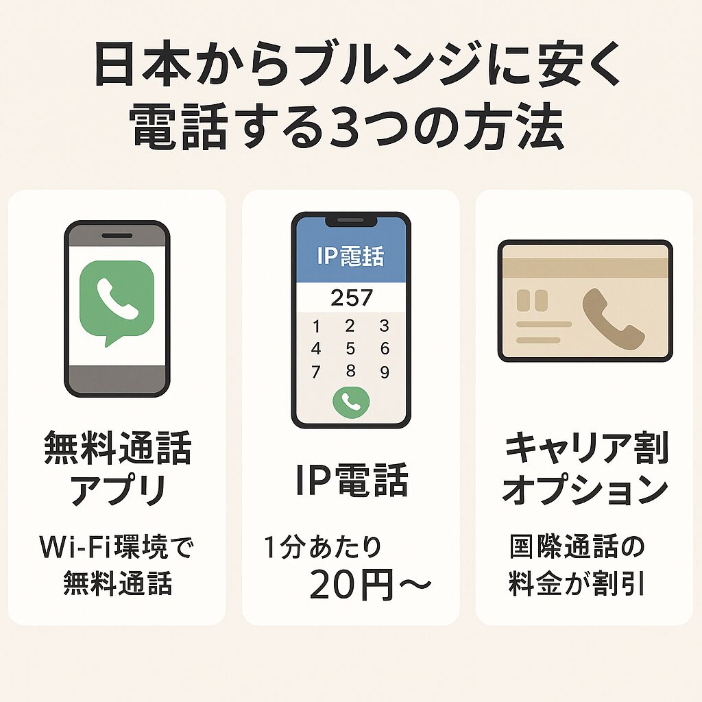 日本からブルンジに安く電話する3つの方法を図解。無料通話アプリ・IP電話・キャリア割引オプションの比較。