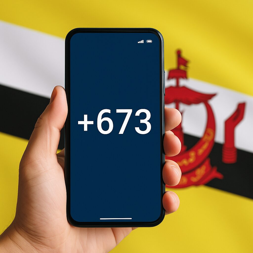 日本からブルネイへ電話をかけるイメージ。スマートフォンに+673が表示され、背景にブルネイの国旗が映る画像。