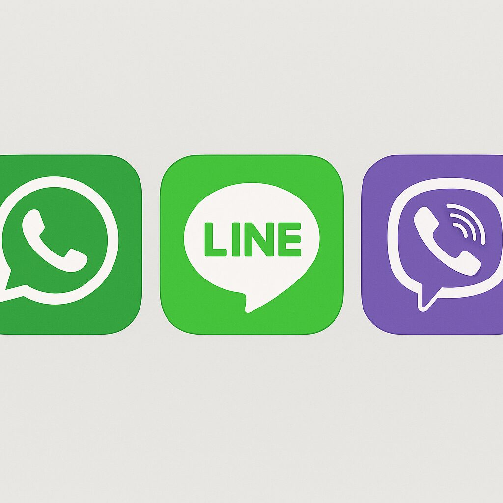WhatsAppやLINEなどの無料通話アプリのアイコンを並べたイメージ画像。スマートフォン画面とWi-Fiマークが背景にある。