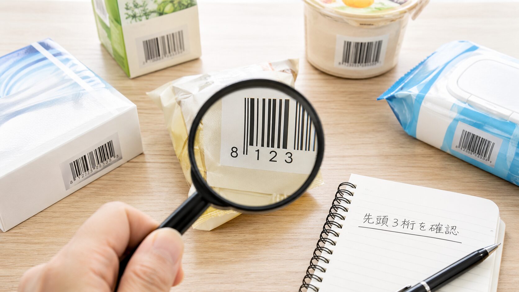 商品のバーコード先頭8と先頭3桁を拡大して確認しているイメージ。無料写真素材で、食品や日用品のパッケージ、バーコード、虫眼鏡、確認メモが自然に写った画像を使用する