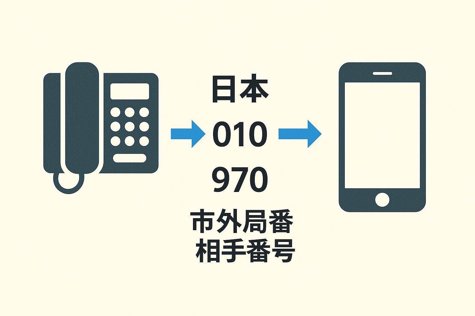 日本→010→970→市外局番→相手番号という流れを矢印で示す図。固定電話とスマートフォンを対比したフラットデザイン。