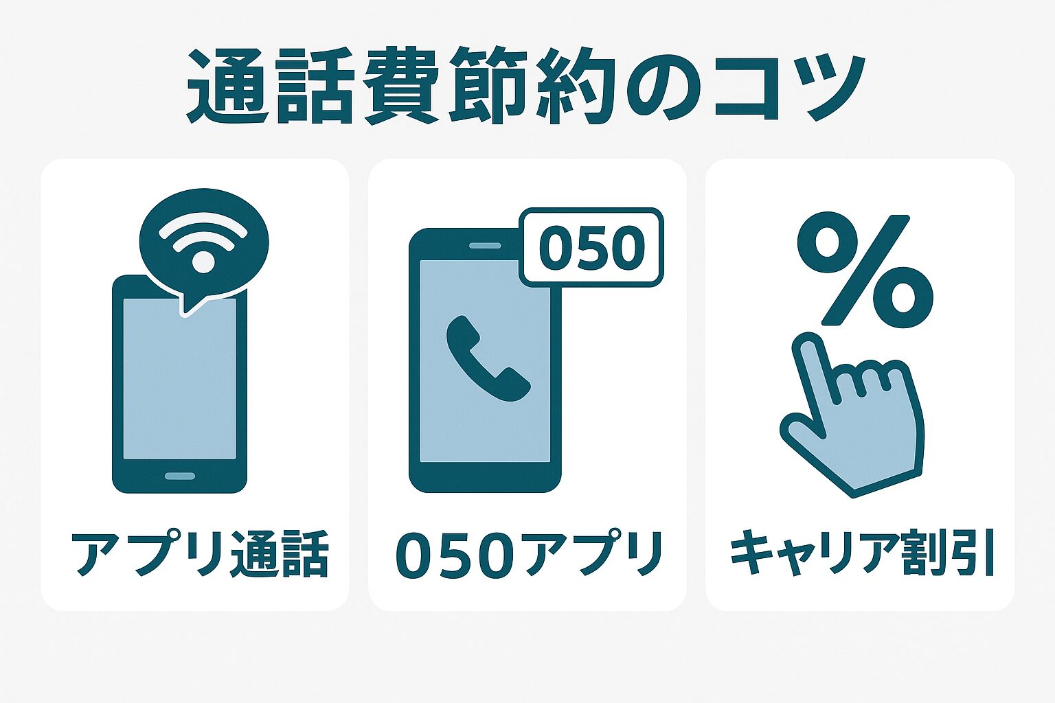 通話費節約のコツ:アプリ通話、050番号アプリ、キャリア割引オプションの三択を示すフラットデザインの図。スマホ・Wi-Fi・050のアイコン。