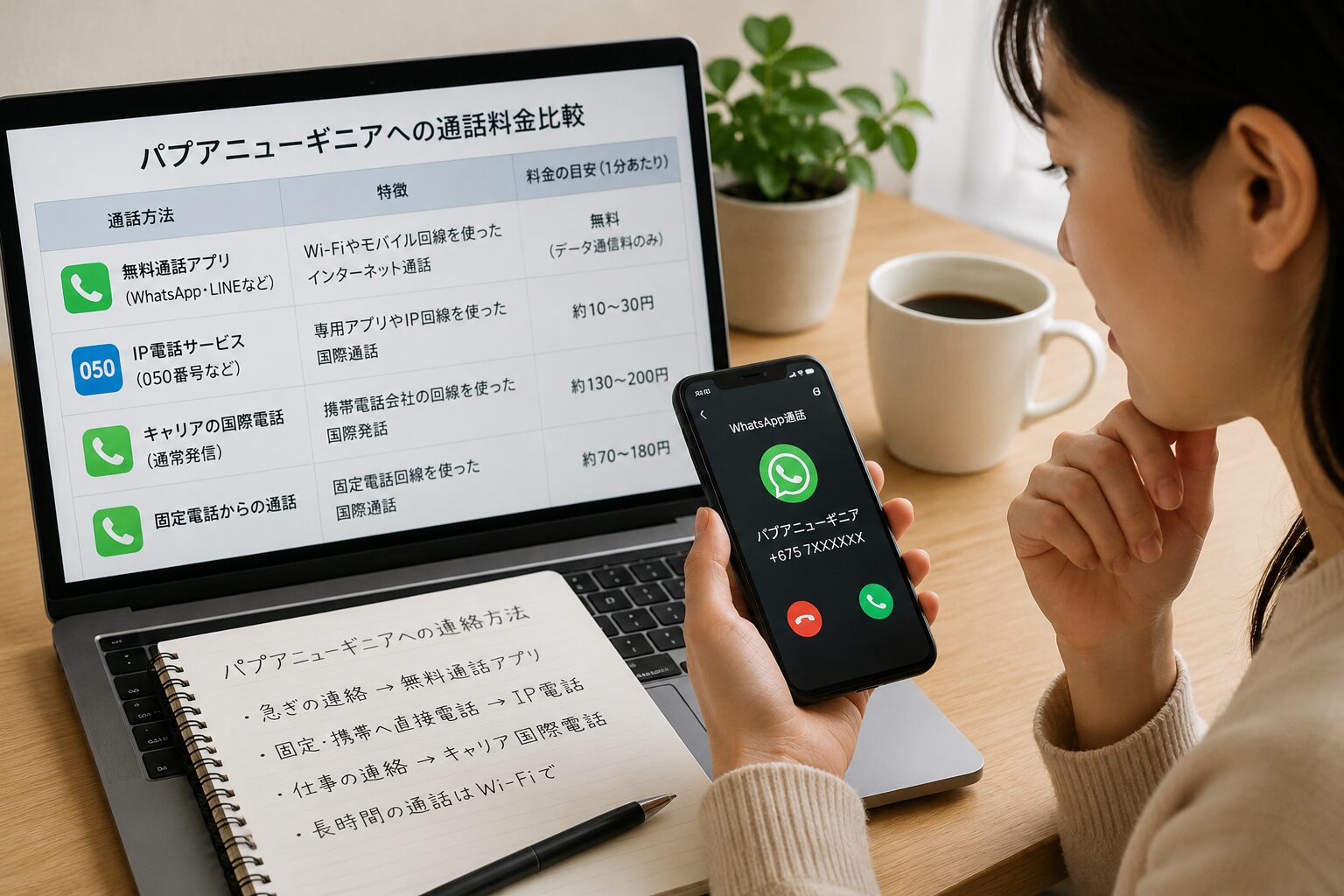 無料通話アプリと国際電話料金表を見比べながらパプアニューギニアへの連絡方法を選んでいる写真