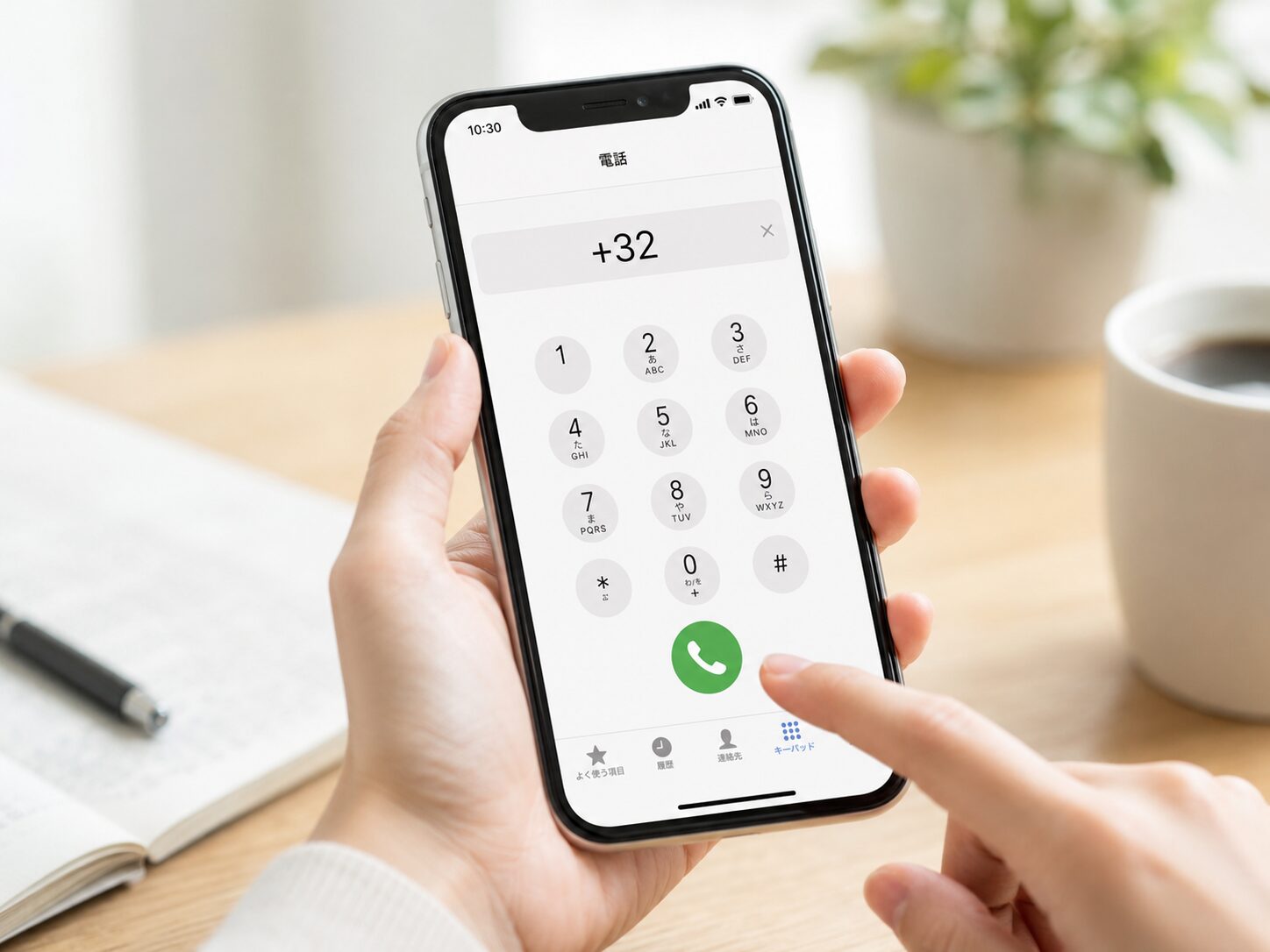 スマートフォンにベルギーの国番号+32を入力しているイメージ