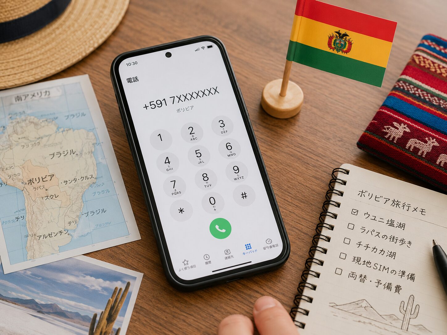 スマートフォンの画面に+591から始まる電話番号が表示され、横にボリビア国旗の小物や旅行メモが置かれている国際電話のイメージ。無料写真素材で、スマホ、電話番号、海外通話、南米旅行の雰囲気が分かる画像を使用する