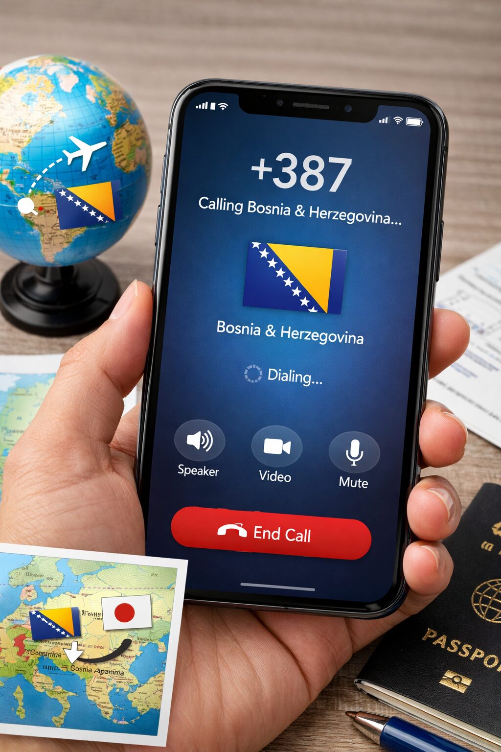 スマートフォンの発信画面に+387が表示され、ボスニア・ヘルツェゴビナへ国際電話をかけるイメージの無料写真や図解を配置