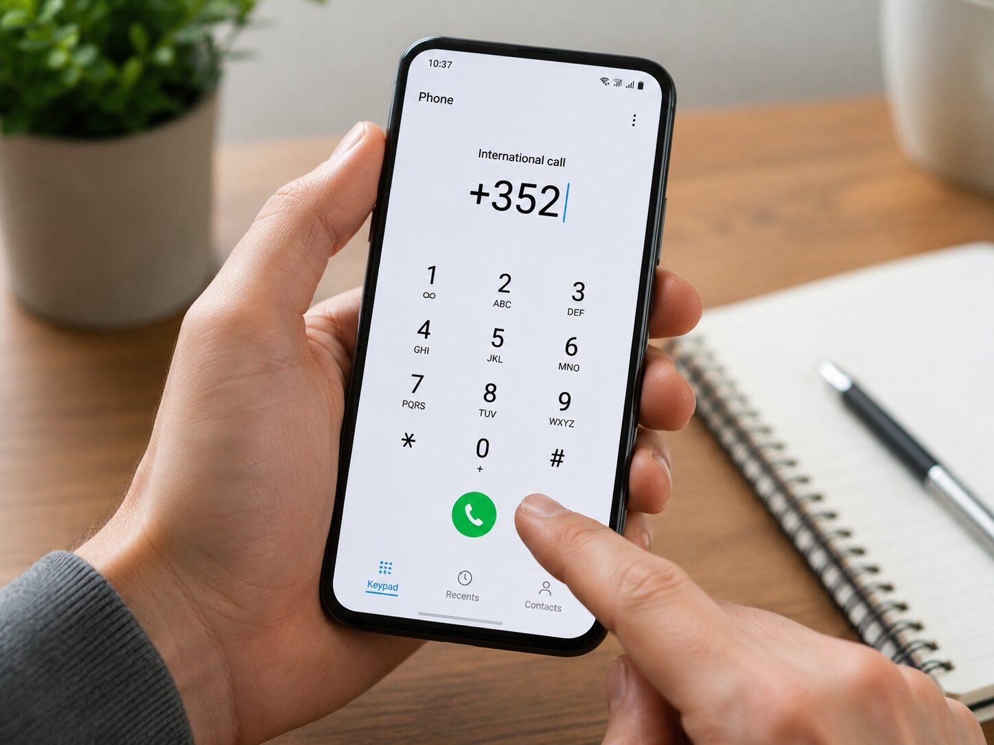 スマートフォンでルクセンブルクの国番号+352を入力して国際電話をかけようとしている写真