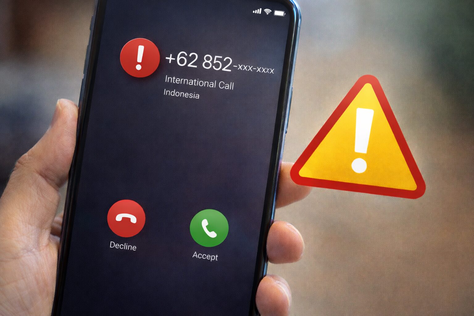 迷惑電話や詐欺の注意を示すスマートフォン画面と警告アイコンのイメージ（無料素材向け）