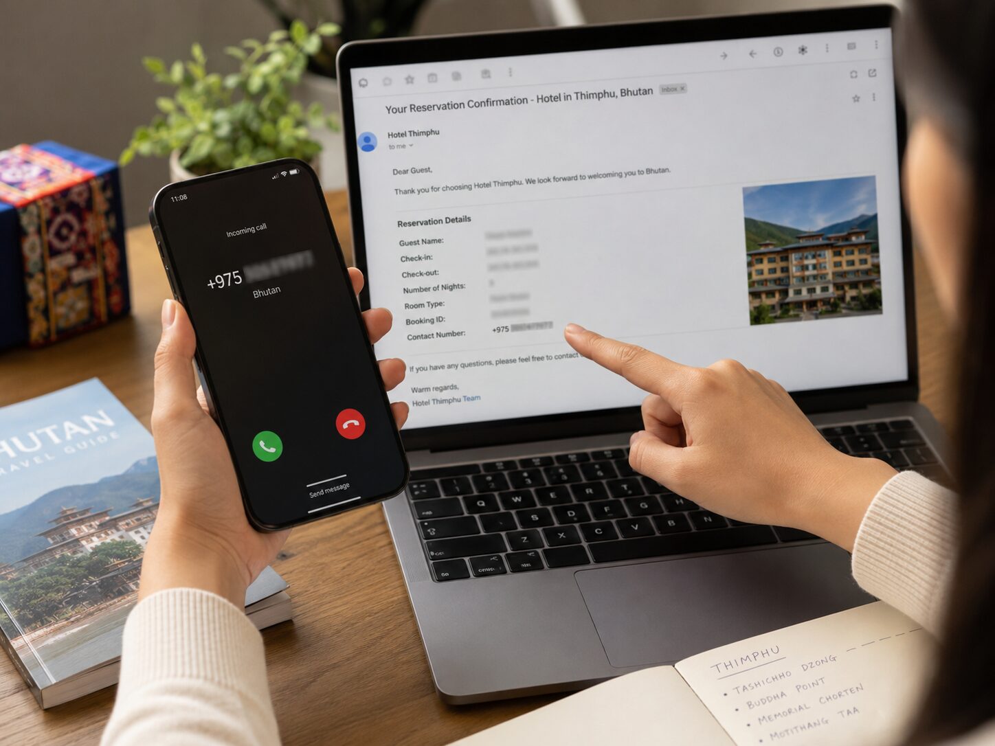 スマートフォンに+975からの着信が表示され、ブータン旅行のホテル予約メールと電話番号を照合している手元の写真