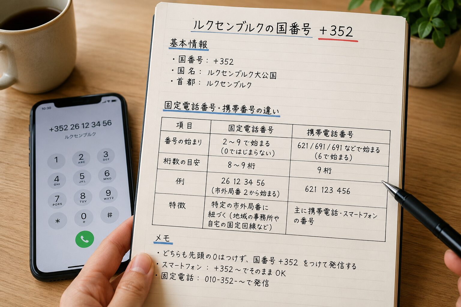 ルクセンブルクの国番号+352と固定電話番号・携帯番号の違いをメモで確認している写真