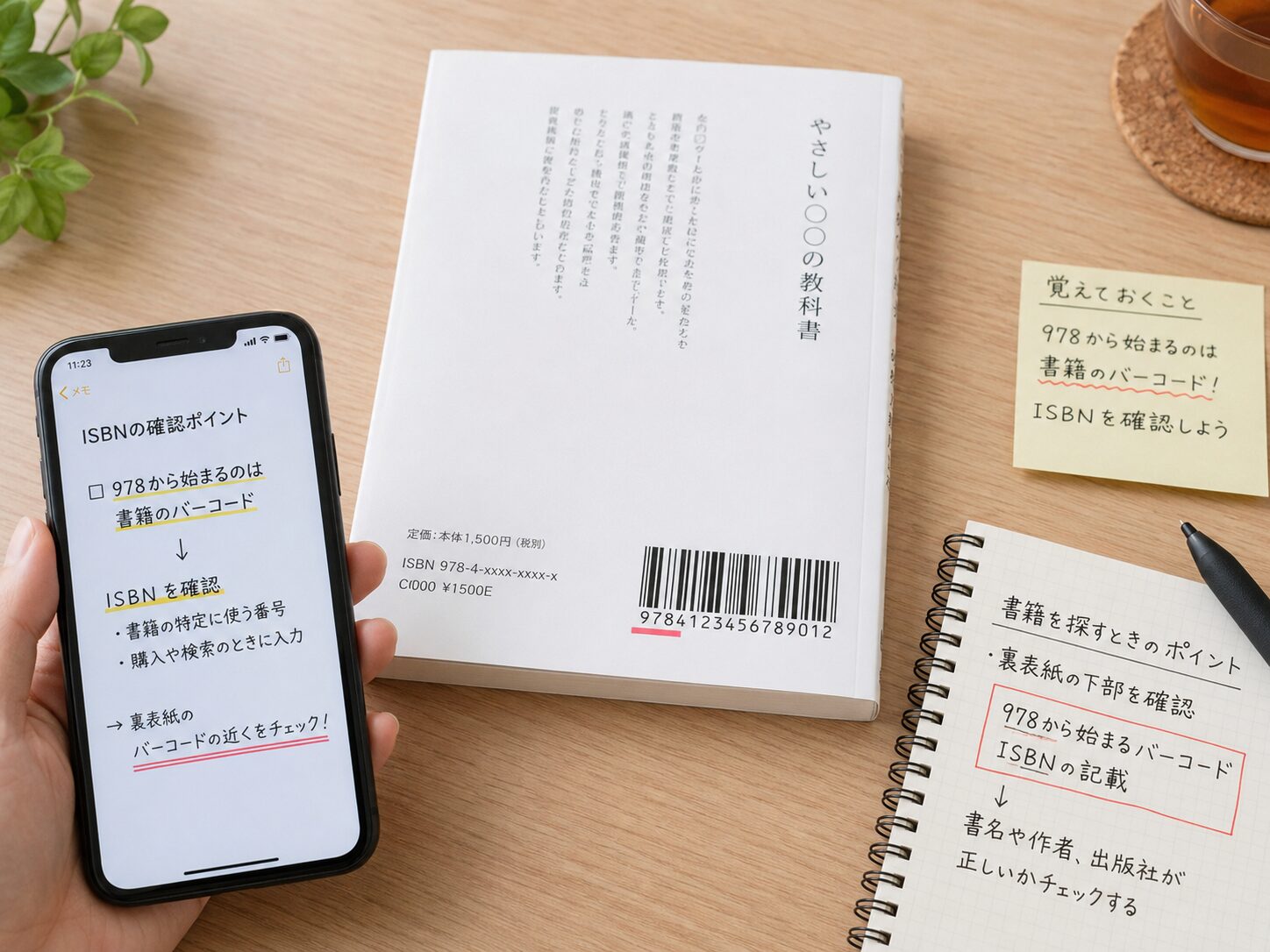 本の裏表紙にある978から始まるバーコードとISBNを確認しているイメージ