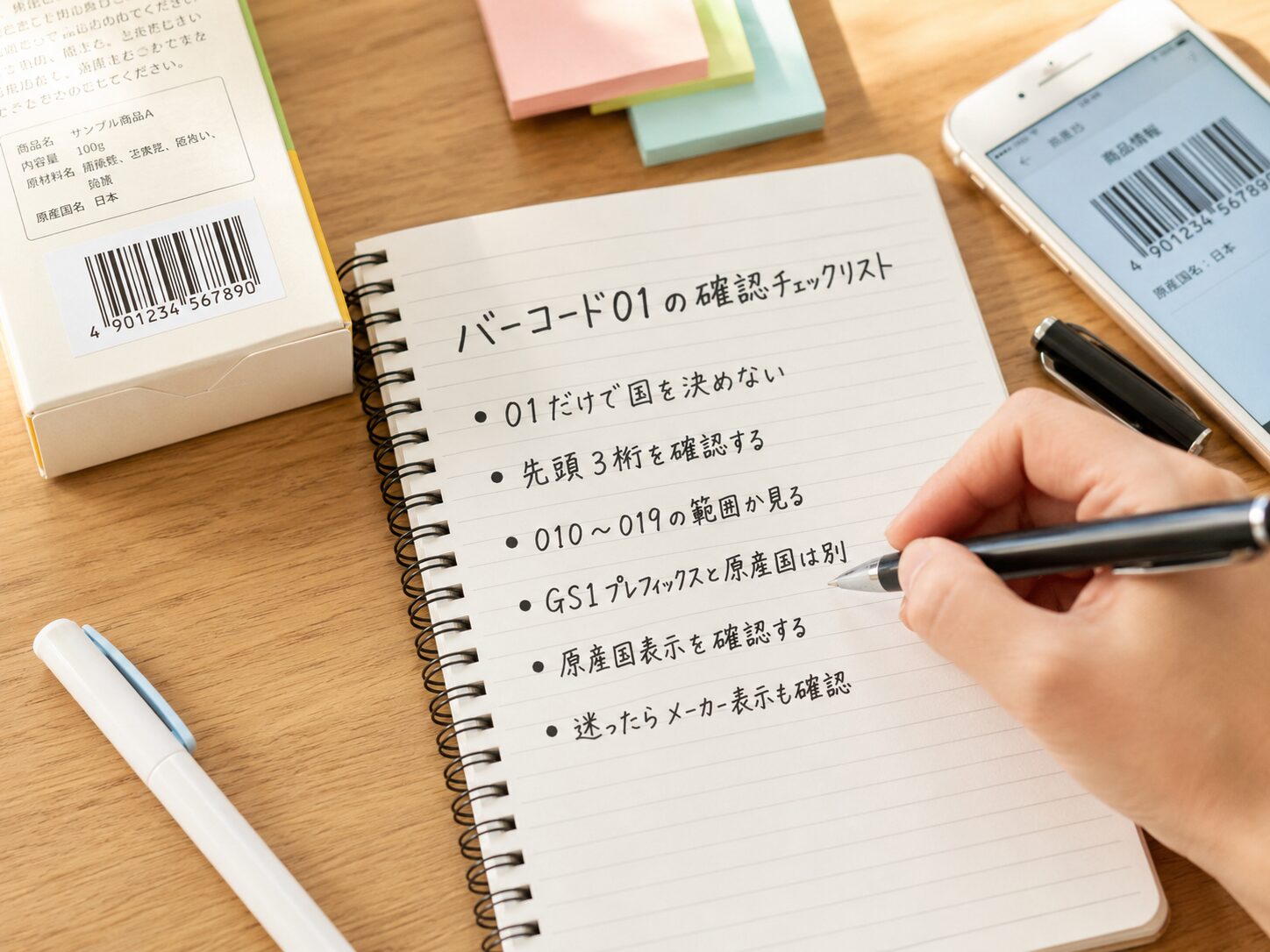 バーコード01を見たときの確認チェックリストをノートに整理しているイメージ