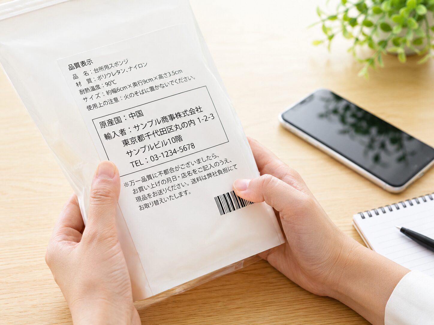 商品パッケージの原産国表示と輸入者情報を確認しているイメージ