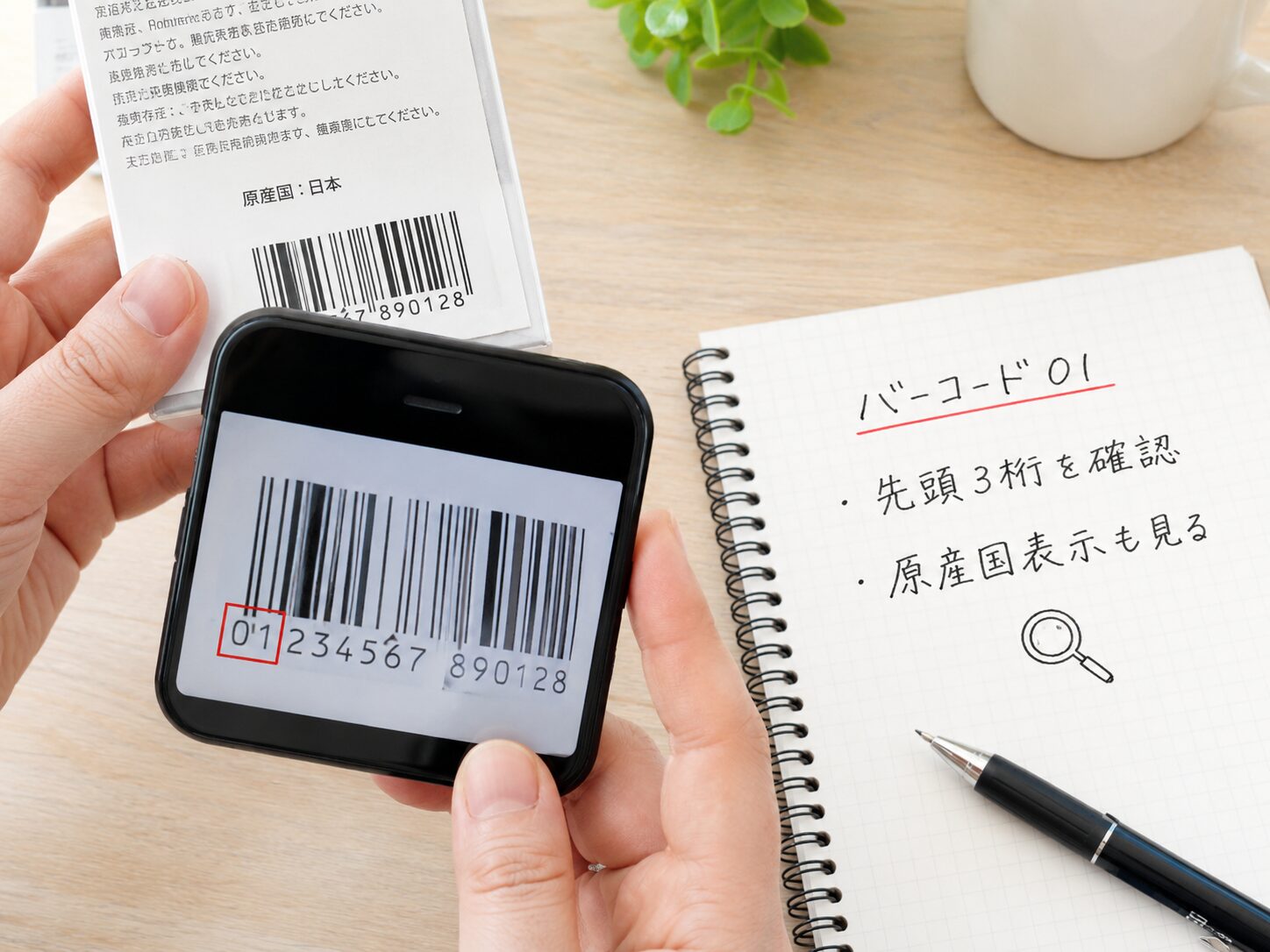 バーコードの先頭01と国の関係を確認しているイメージ
