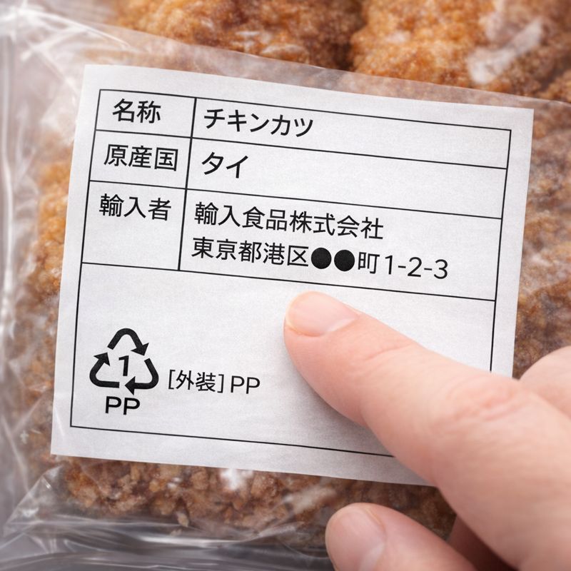 商品パッケージの原産国表示や輸入者情報を確認しているイメージ画像