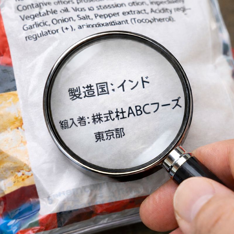 商品パッケージ裏面の原産国表示や輸入者表示を確認しているイメージ画像