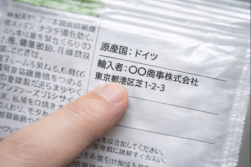 商品パッケージの原産国表示や輸入者情報の表示欄を確認しているイメージ画像