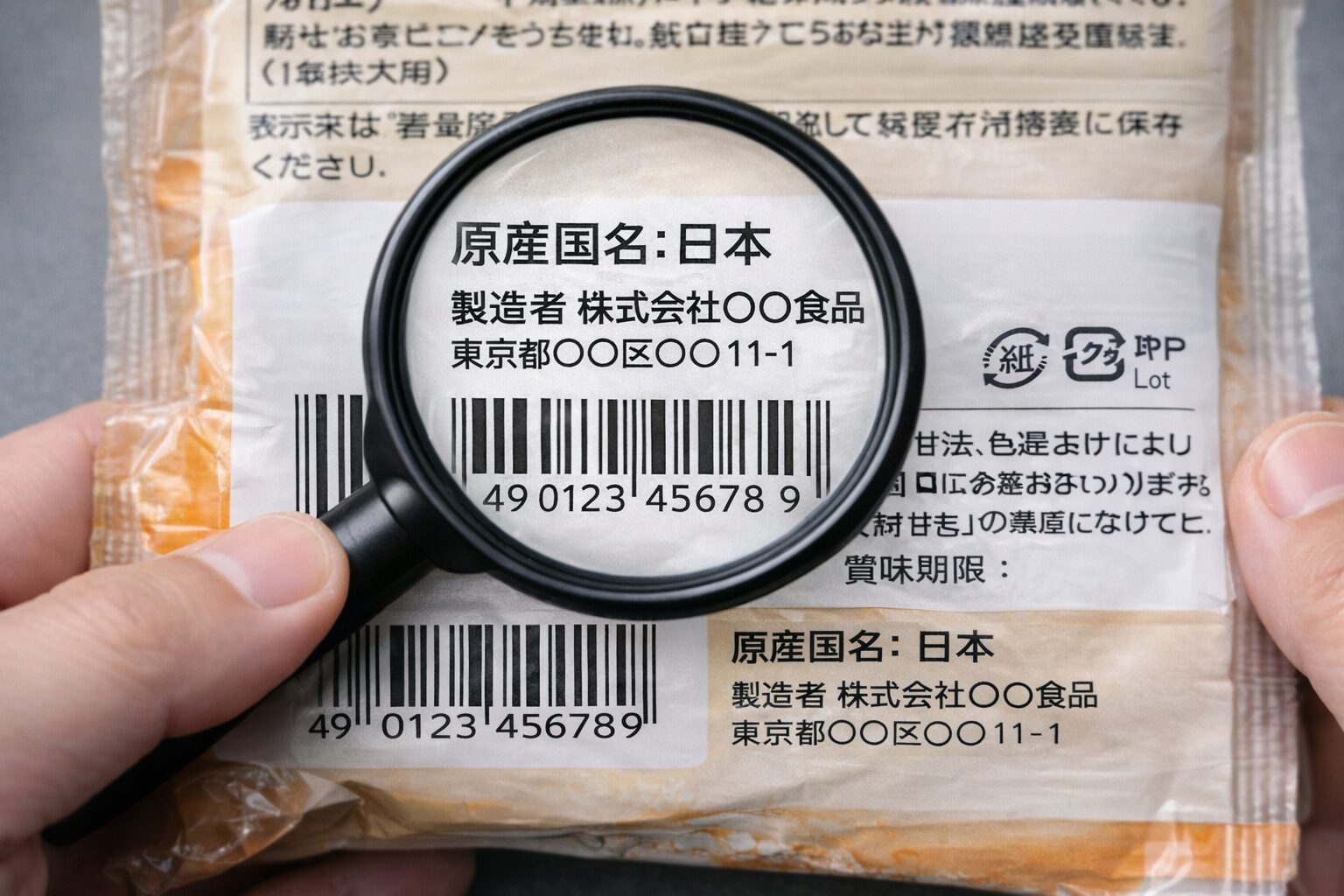 商品パッケージのバーコードと原産国表示と製造者表示を同時に確認している無料画像を中央寄せで配置する