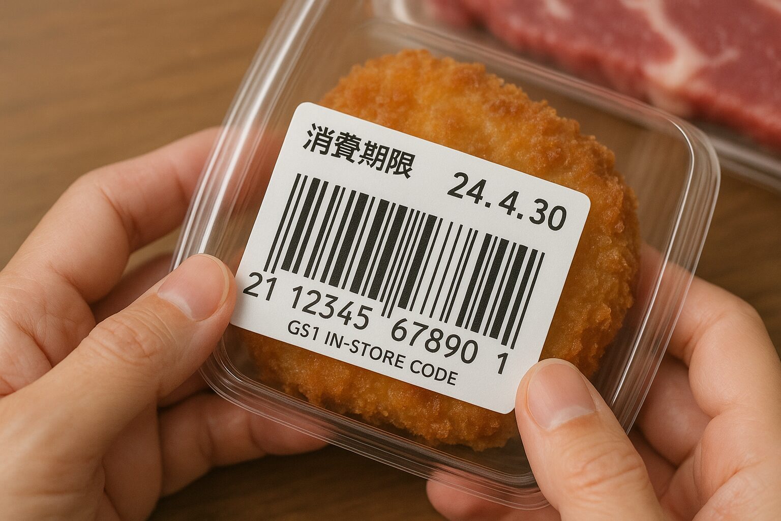 スーパーの惣菜や精肉に貼られたインストアコードのバーコードラベルを確認しているイメージ画像