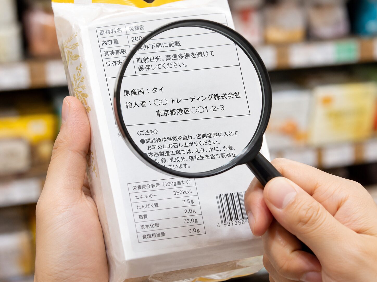商品パッケージ裏面の原産国表示や輸入者表示を確認しているイメージ