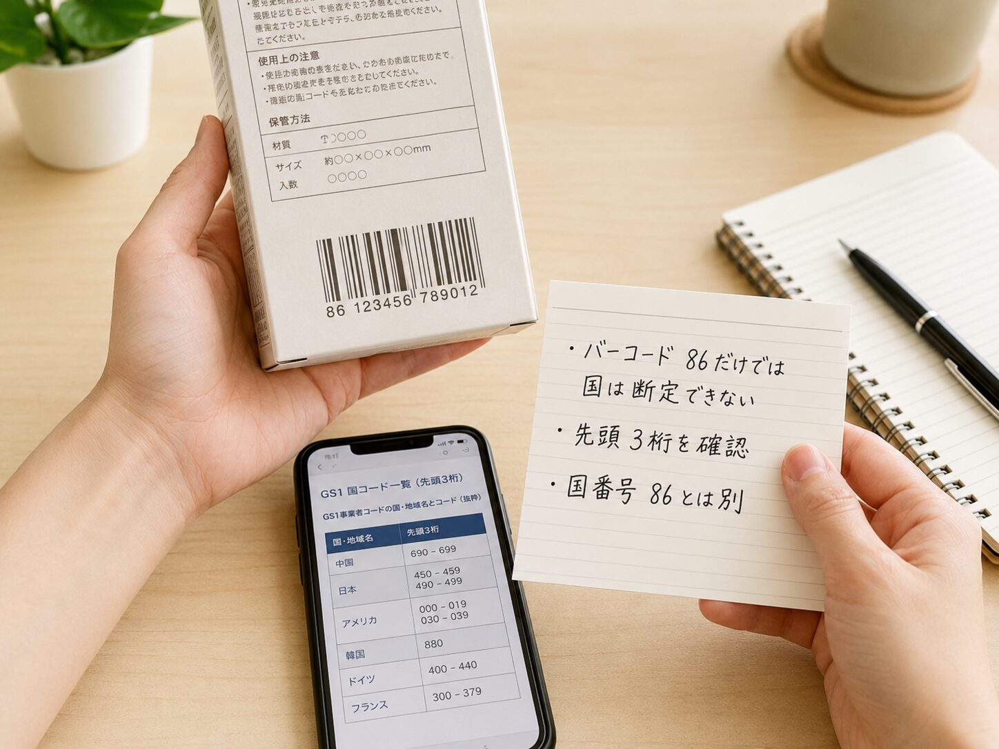 商品のバーコード先頭86と国の関係を確認しているイメージ