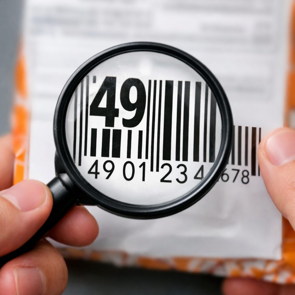 商品パッケージのバーコード先頭49の部分を拡大して確認している無料写真素材を中央寄せで配置する