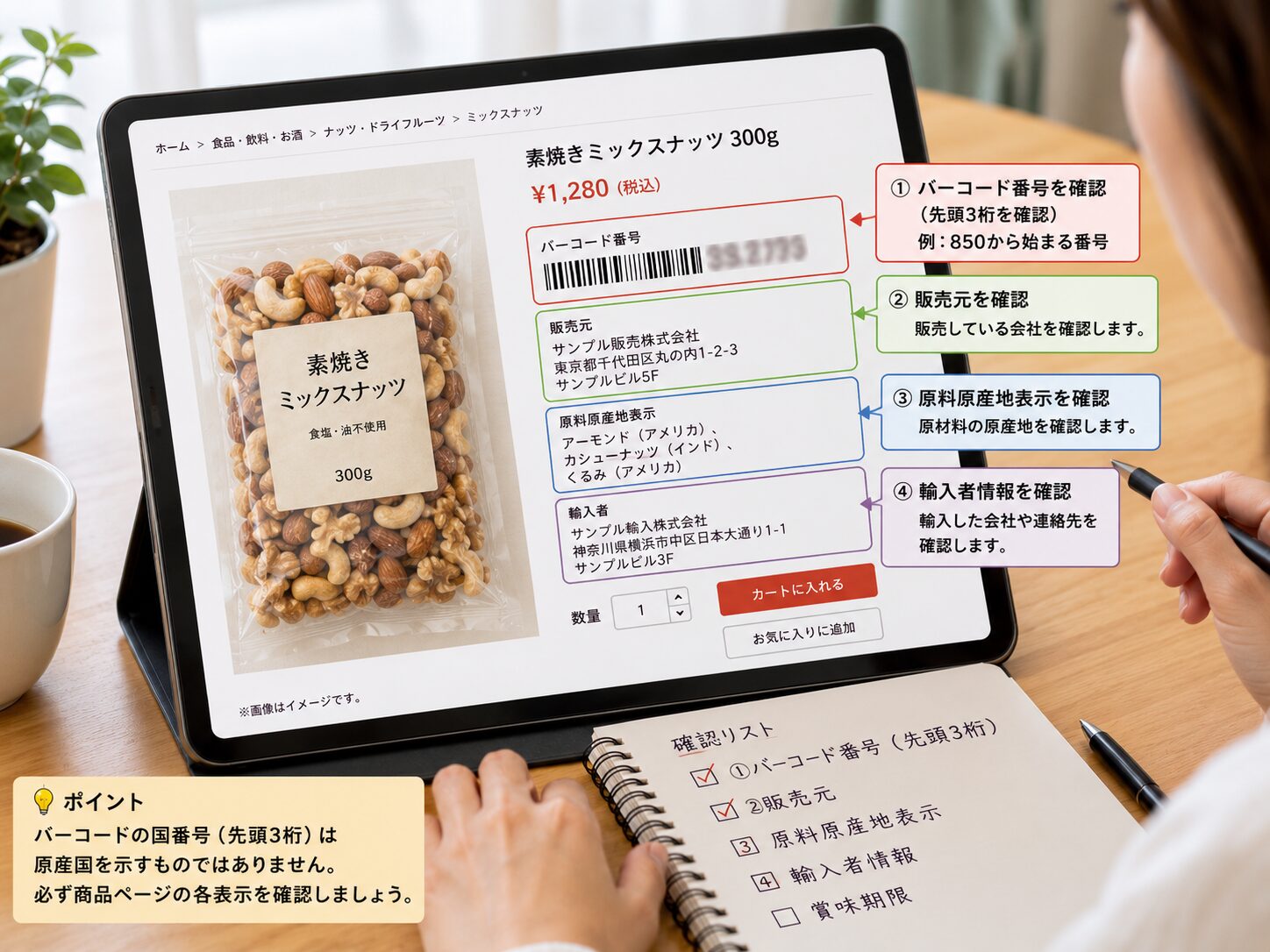 ネット通販の商品ページでバーコード番号、販売元、原産国表示、輸入者情報を確認している写真