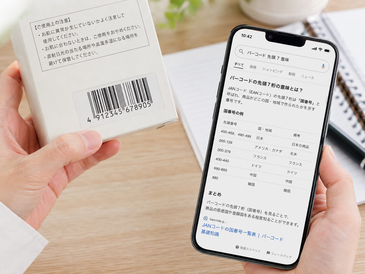 インターネットでバーコードの先頭7について調べながら商品パッケージに印刷された13桁の番号を確認している写真