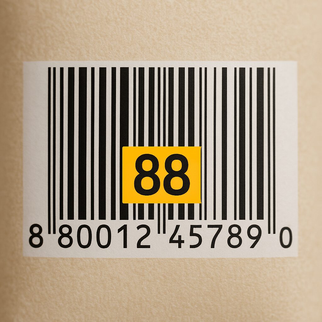 商品パッケージに印刷されたバーコードをクローズアップし、先頭に「88」が付いた数字部分を強調した写真。無料素材サイトで入手できるバーコードのイメージ画像。