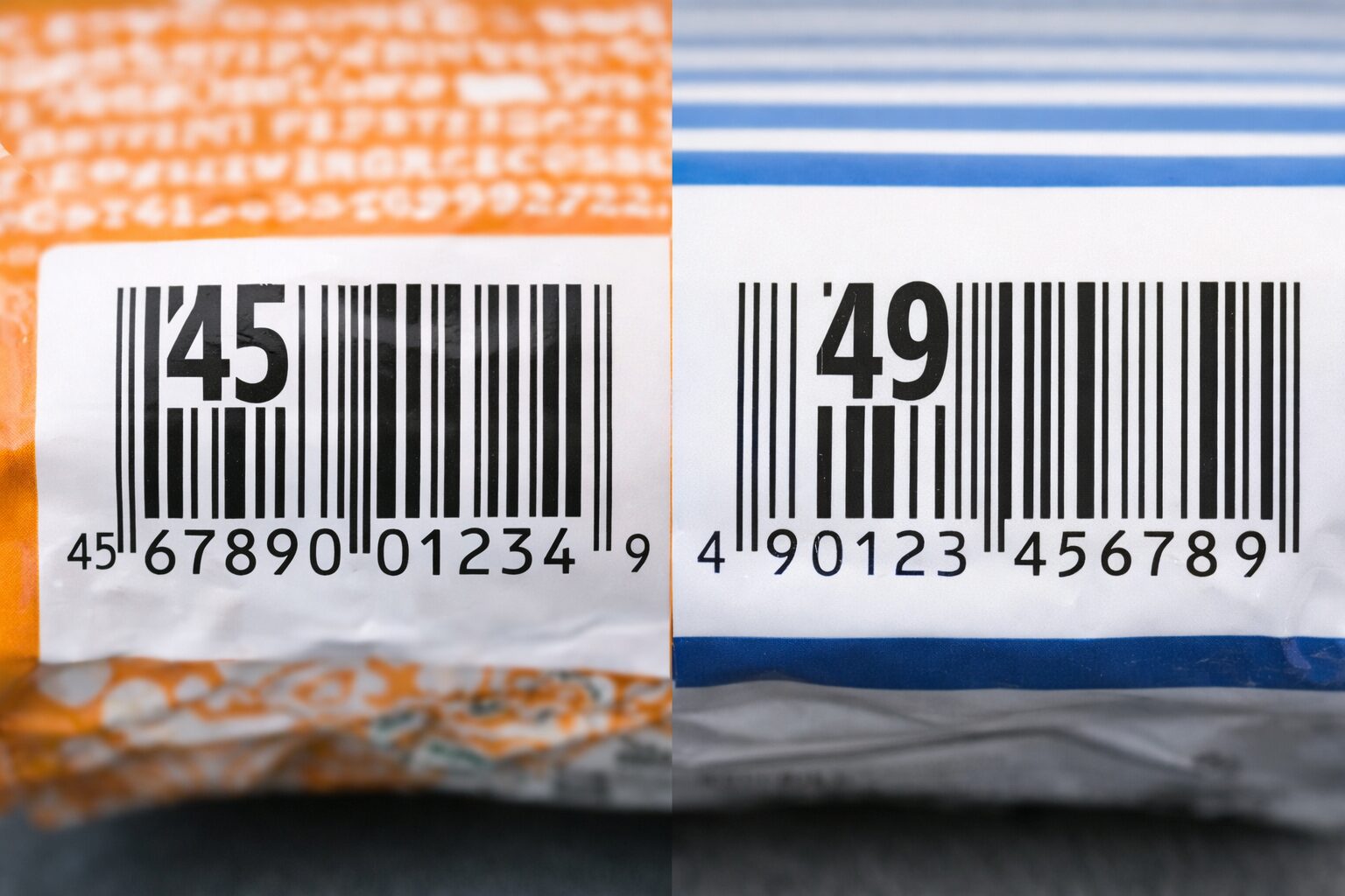 食品や日用品のパッケージに付いた45や49で始まるバーコードを並べて比較している無料画像を中央寄せで配置する