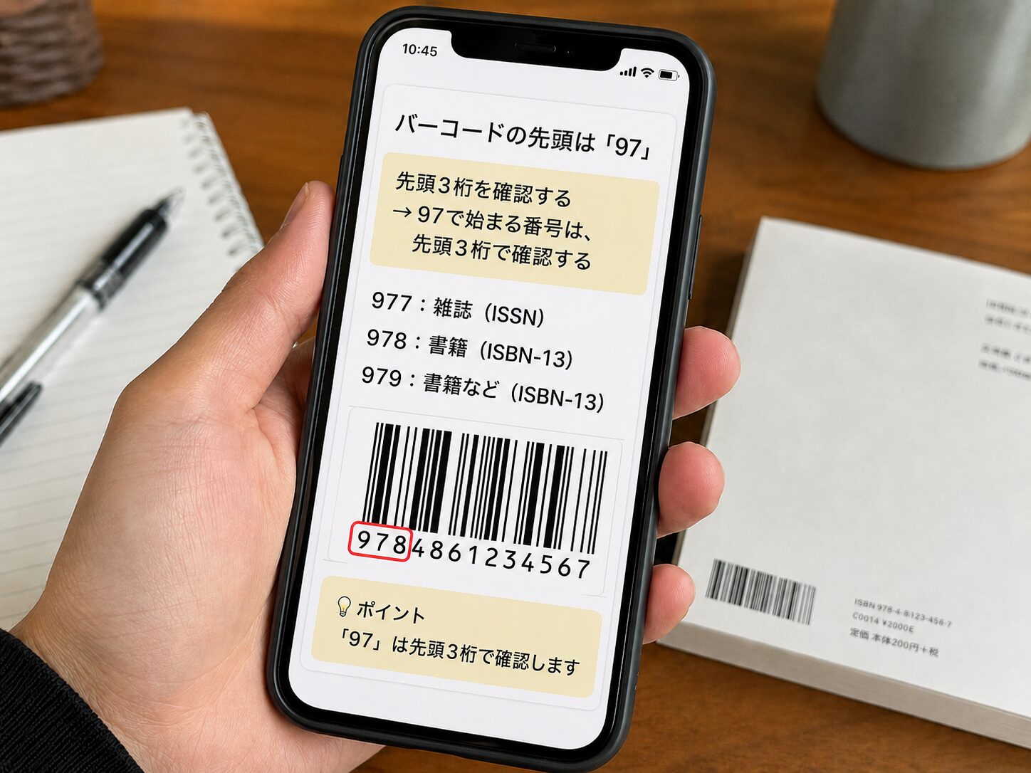 バーコードの先頭97から始まる数字をスマートフォンで確認しているイメージ