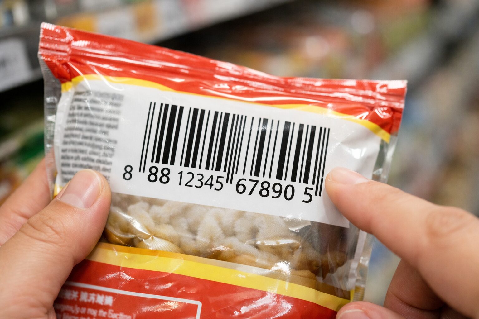 商品パッケージのバーコードを接写し、先頭の88付近の数字が見える無料写真素材。スーパーやドラッグストアで見かける一般的な商品パッケージで、バーコードの数字を確認している様子が伝わる画像を使用。