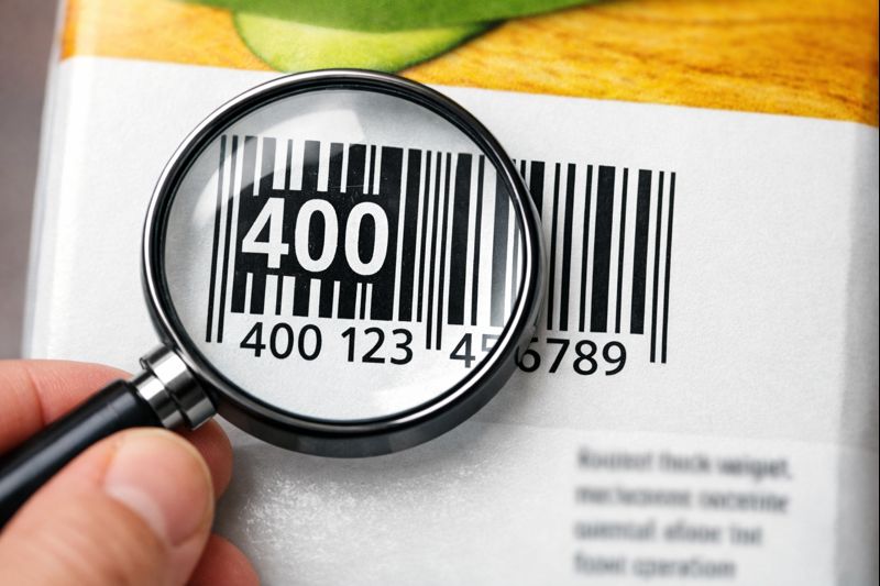 商品パッケージのバーコードを拡大して先頭3桁の40xを確認しているイメージ画像