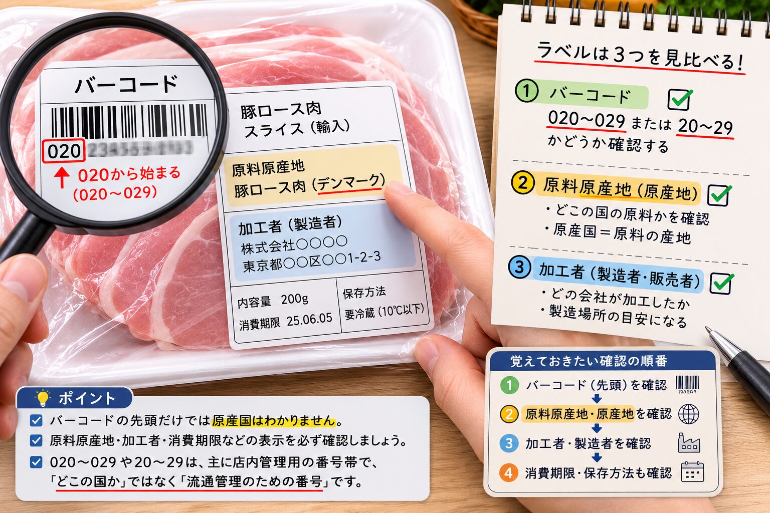 食品ラベルの02や20台から始まるバーコードと原産国表示、加工者表示を見比べて確認している写真