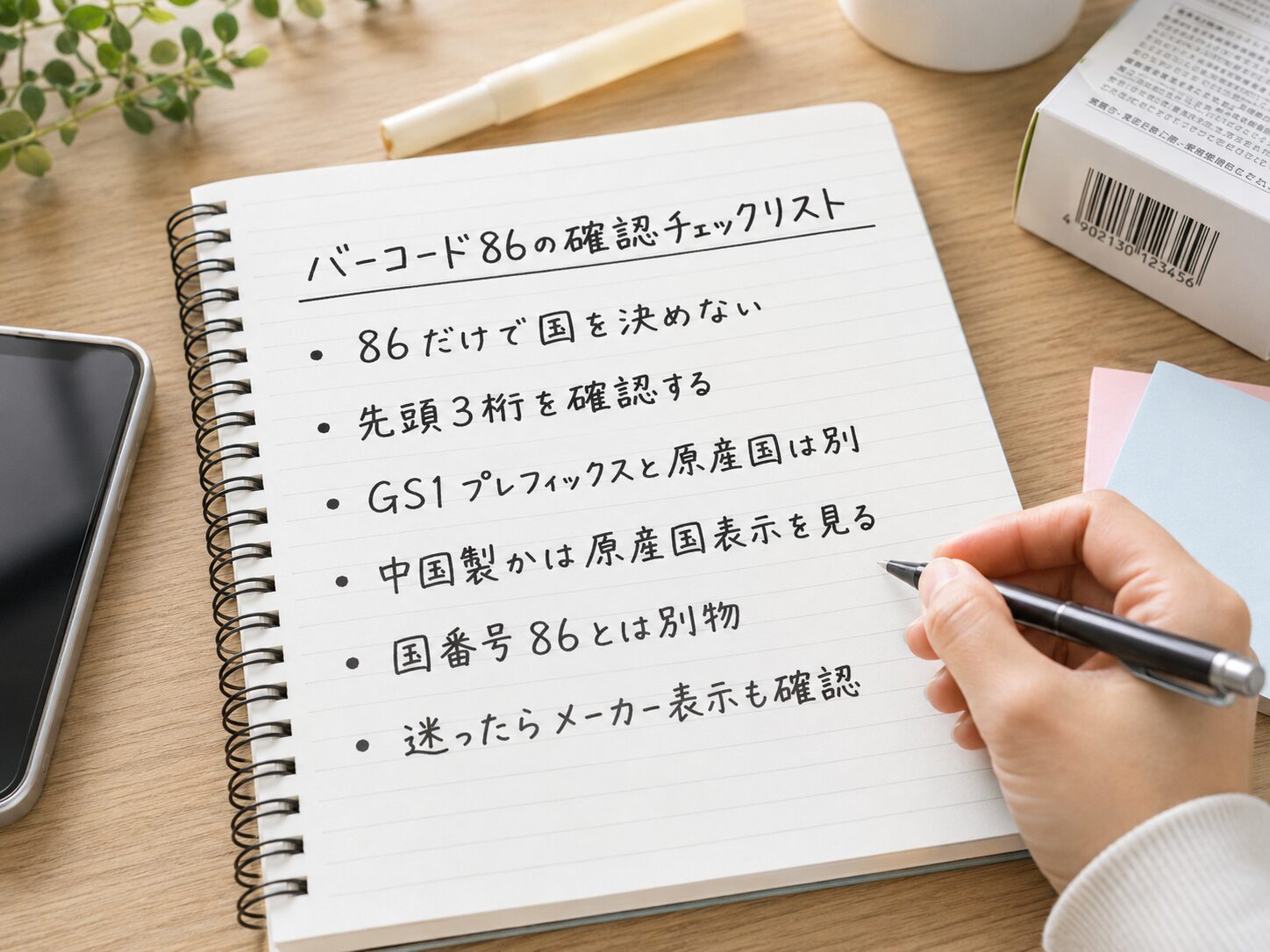 バーコード86を見たときの確認チェックリストをノートに整理しているイメージ