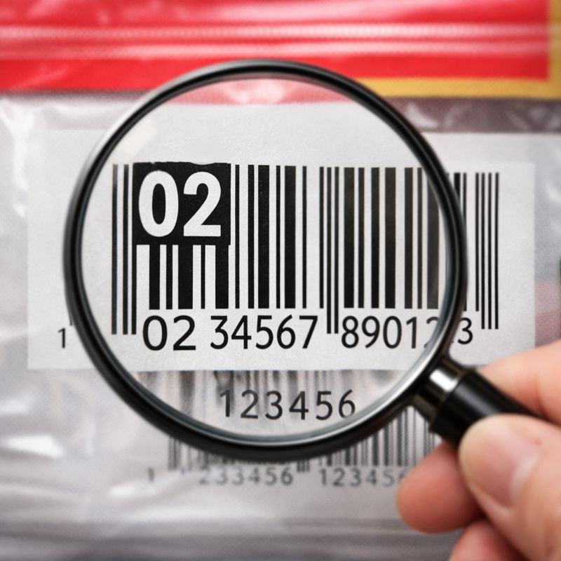 商品パッケージのバーコードを拡大して02（020〜029帯）から始まる番号を確認しているイメージ画像