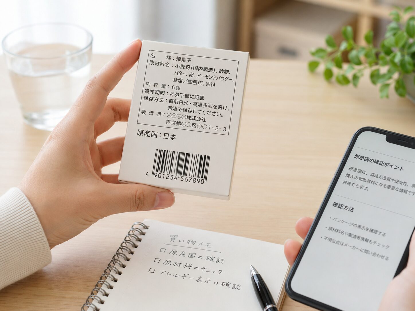 商品の原産国表示とバーコードを同時に確認しているイメージ