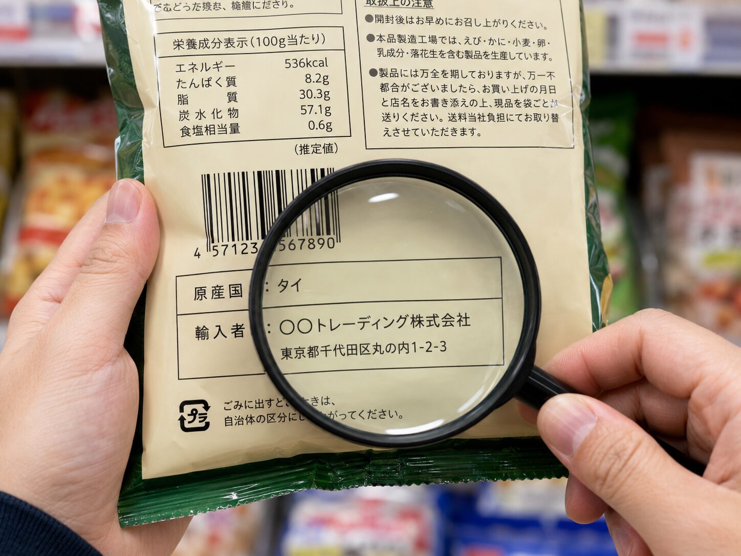 バーコード番号と原産国表示と輸入者表示を見比べているイメージ