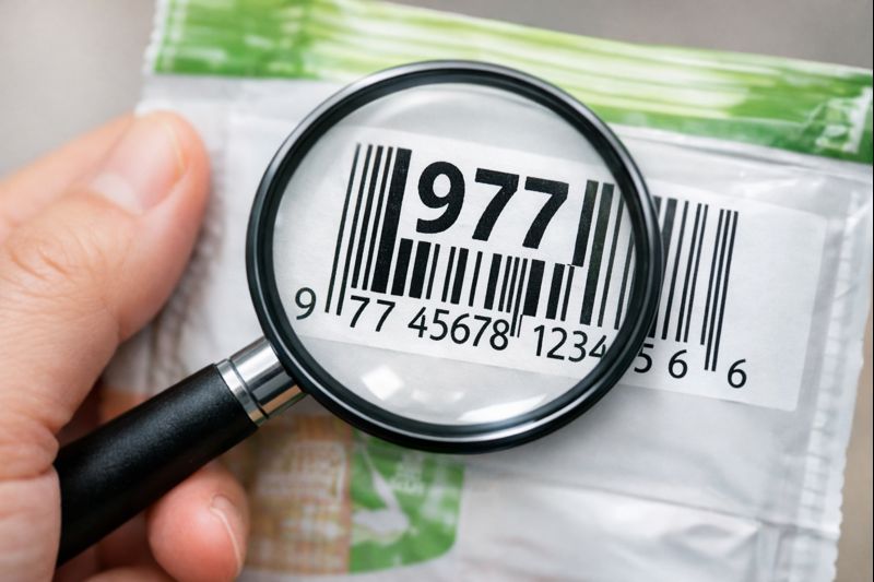 バーコードの先頭3桁が97xになっている部分を拡大して確認しているイメージ画像