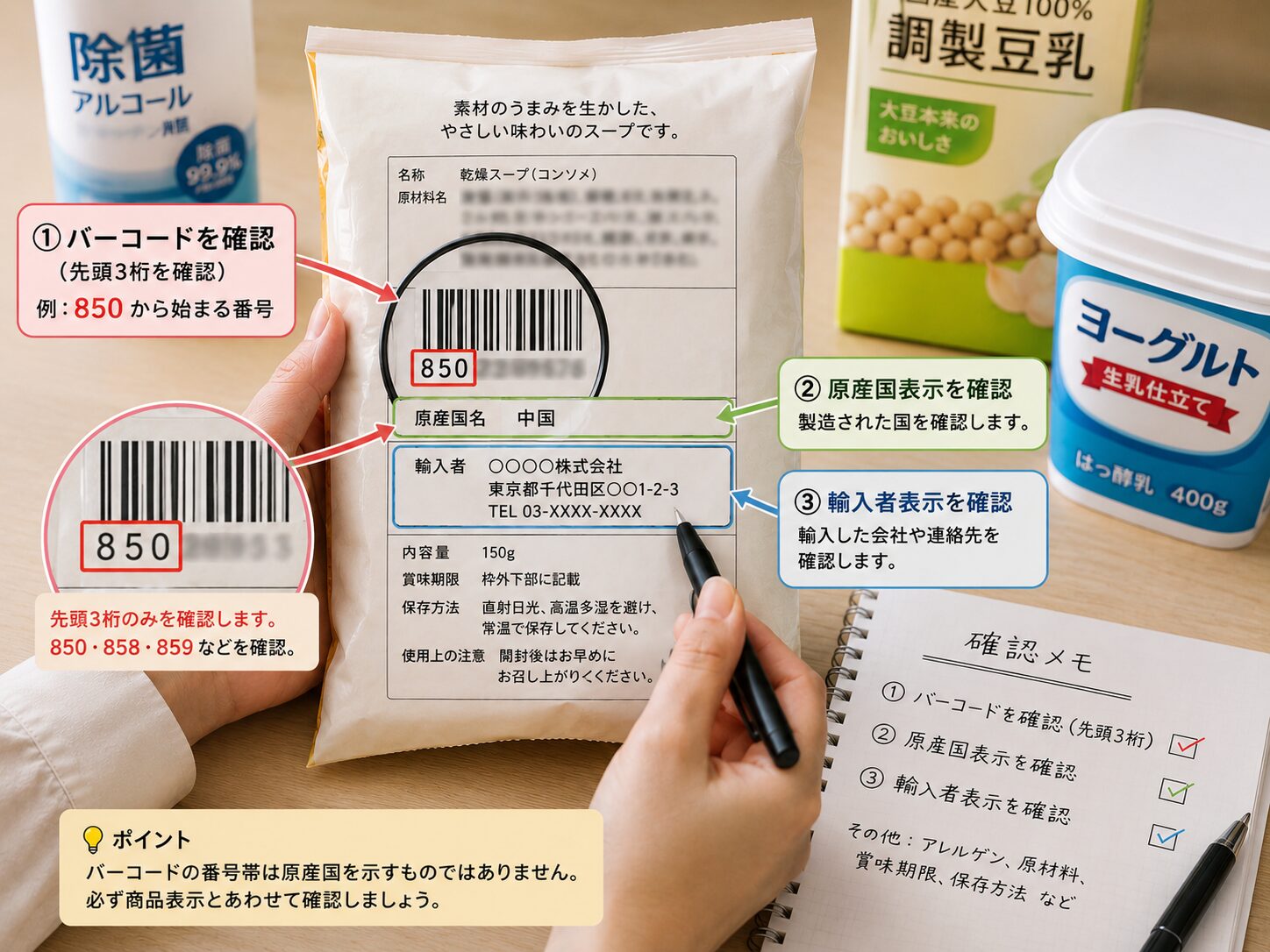 食品や日用品のパッケージでバーコード、原産国表示、輸入者表示を順番に確認している写真