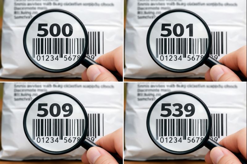 商品パッケージのバーコードを拡大して先頭3桁の50xを確認しているイメージ画像