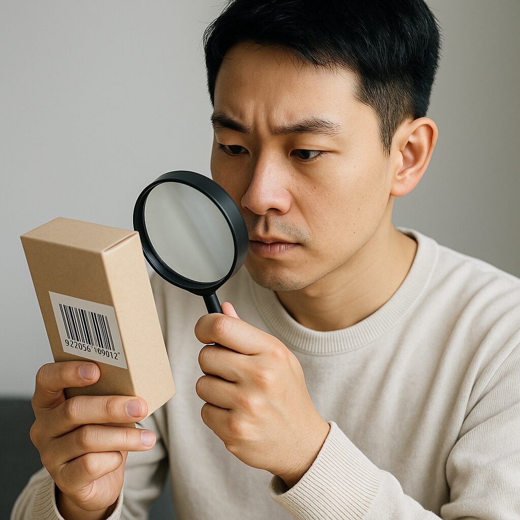 商品パッケージのバーコードを確認している無料素材風のイメージ画像