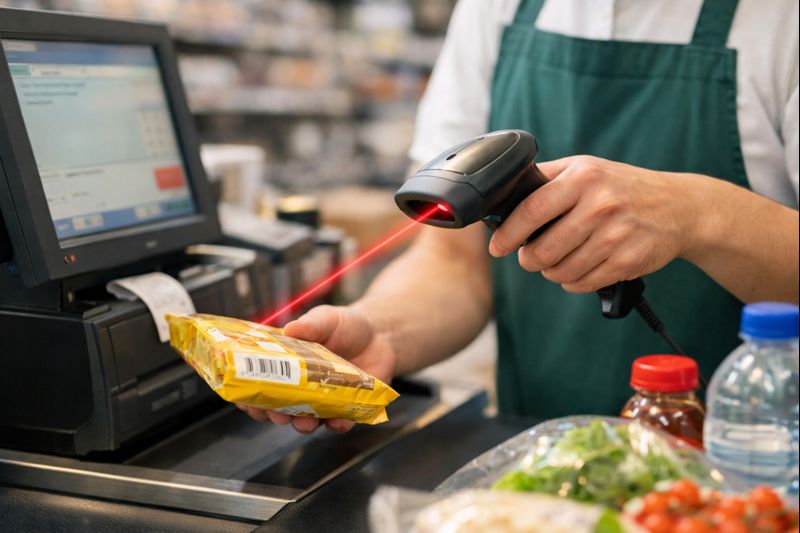 レジでバーコードリーダーを使って商品を読み取っている様子のイメージ画像
