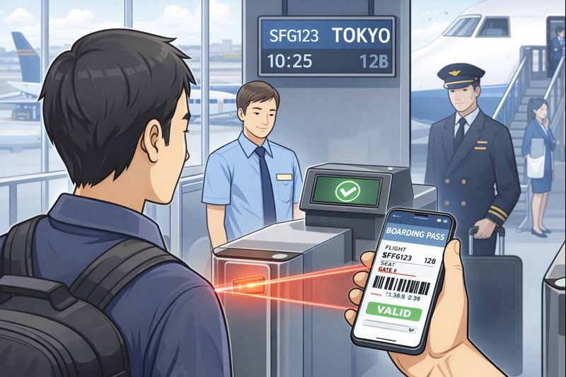 空港でチケットのバーコードを使って搭乗するイメージ