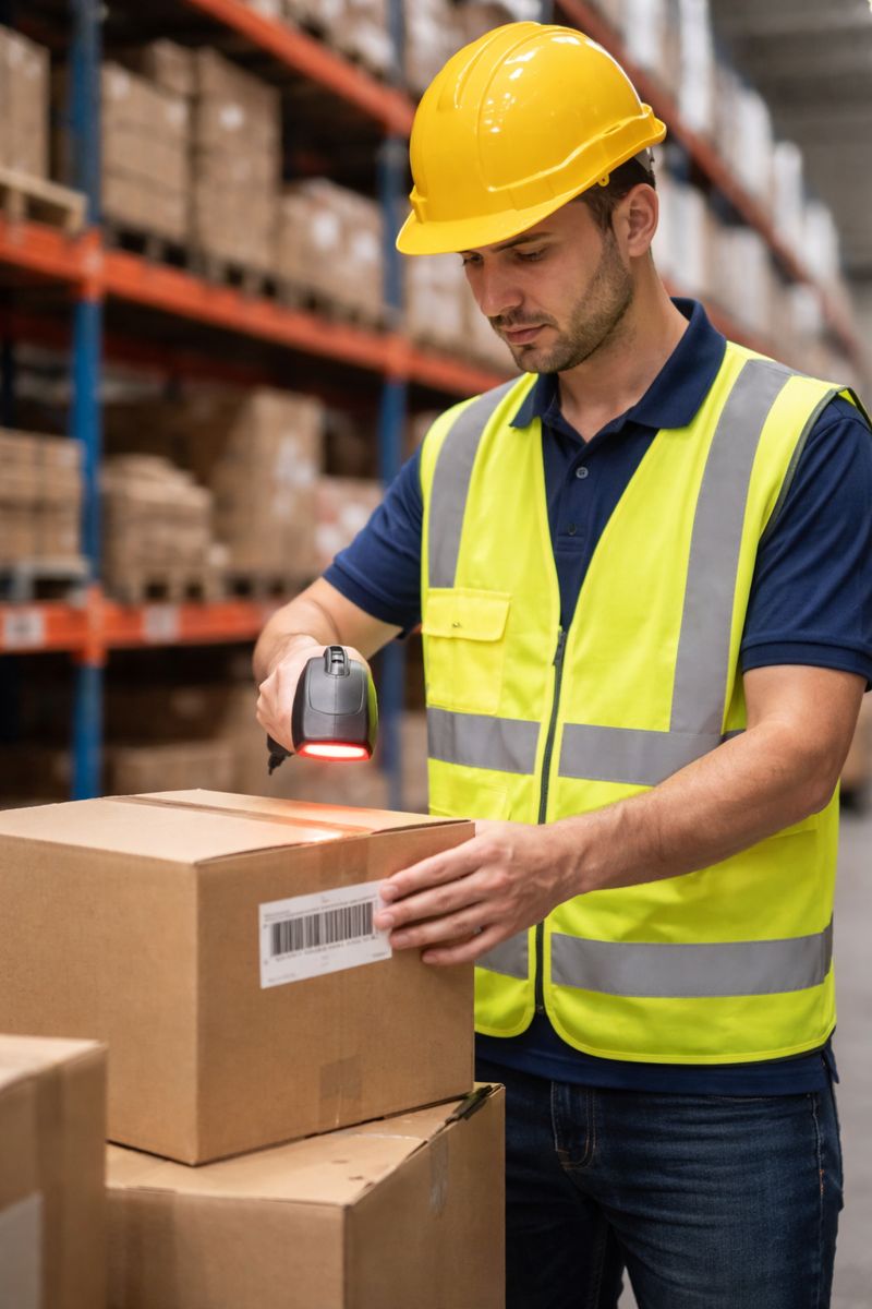 倉庫で作業員がバーコードリーダーで箱の商品を読み取っている様子の写真(無料素材向け)