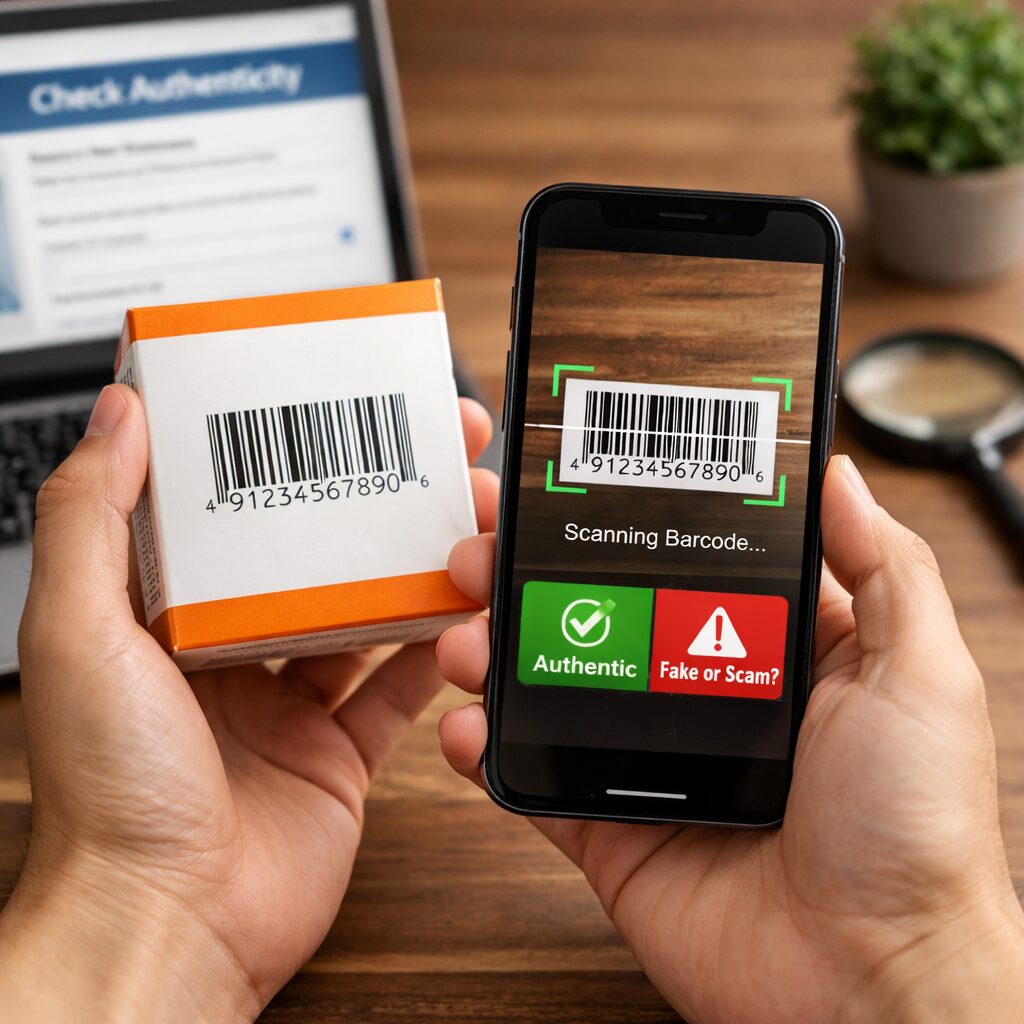 商品パッケージのバーコードをスマートフォンで確認している様子や、本物かどうかを調べているイメージが伝わる無料画像素材を中央寄せで配置する