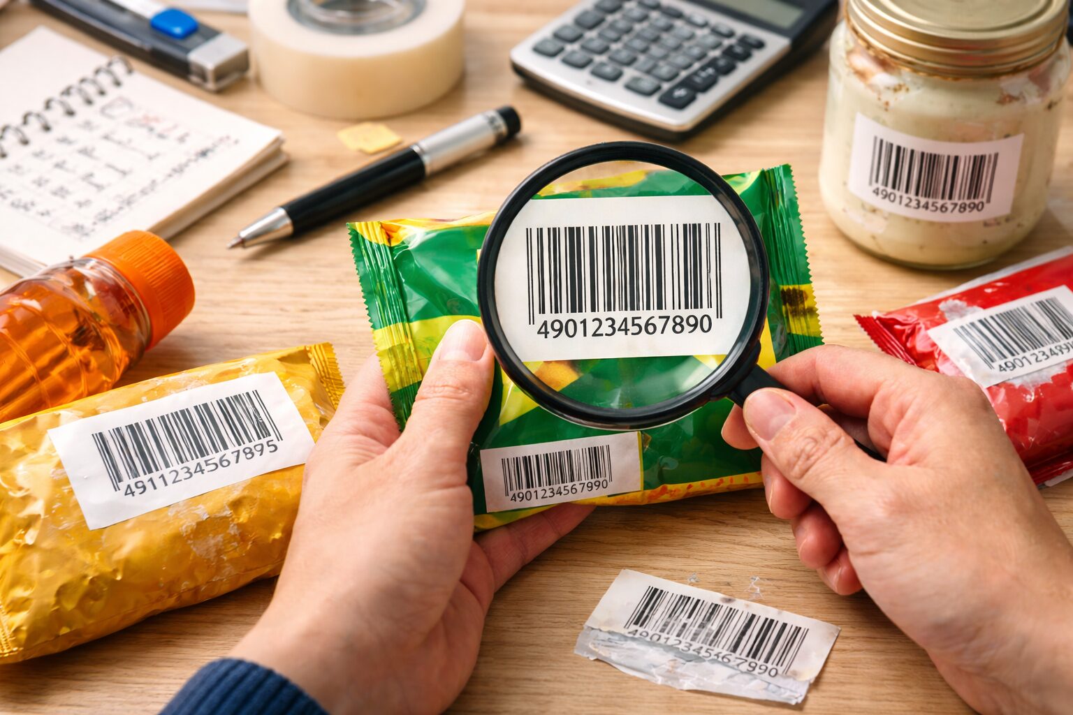 バーコードの印字品質や数字の並び、シール貼り替えの跡を確認している様子が分かる無料画像素材を中央寄せで配置する