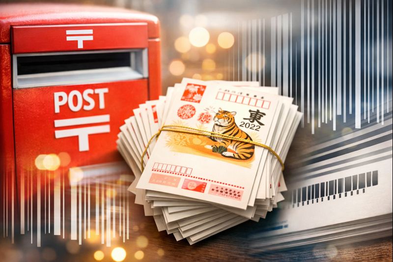 年賀状とバーコードを連想できるアイキャッチ画像（年賀状の束、郵便ポスト、バーコード風の線が入ったイメージの無料素材）