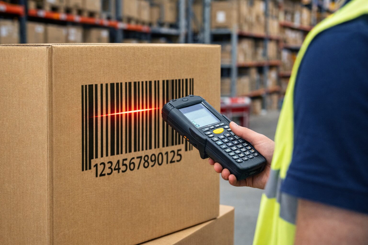 倉庫や配送センターで段ボール箱のバーコードをハンディ端末で読み取っている作業風景の無料写真素材向けイメージをここに配置