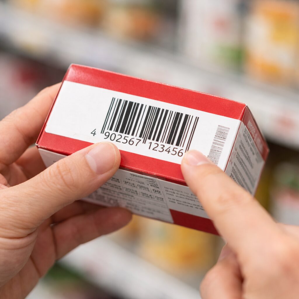 商品パッケージのバーコードと数字を確認しているイメージ（無料素材サイトで取得）